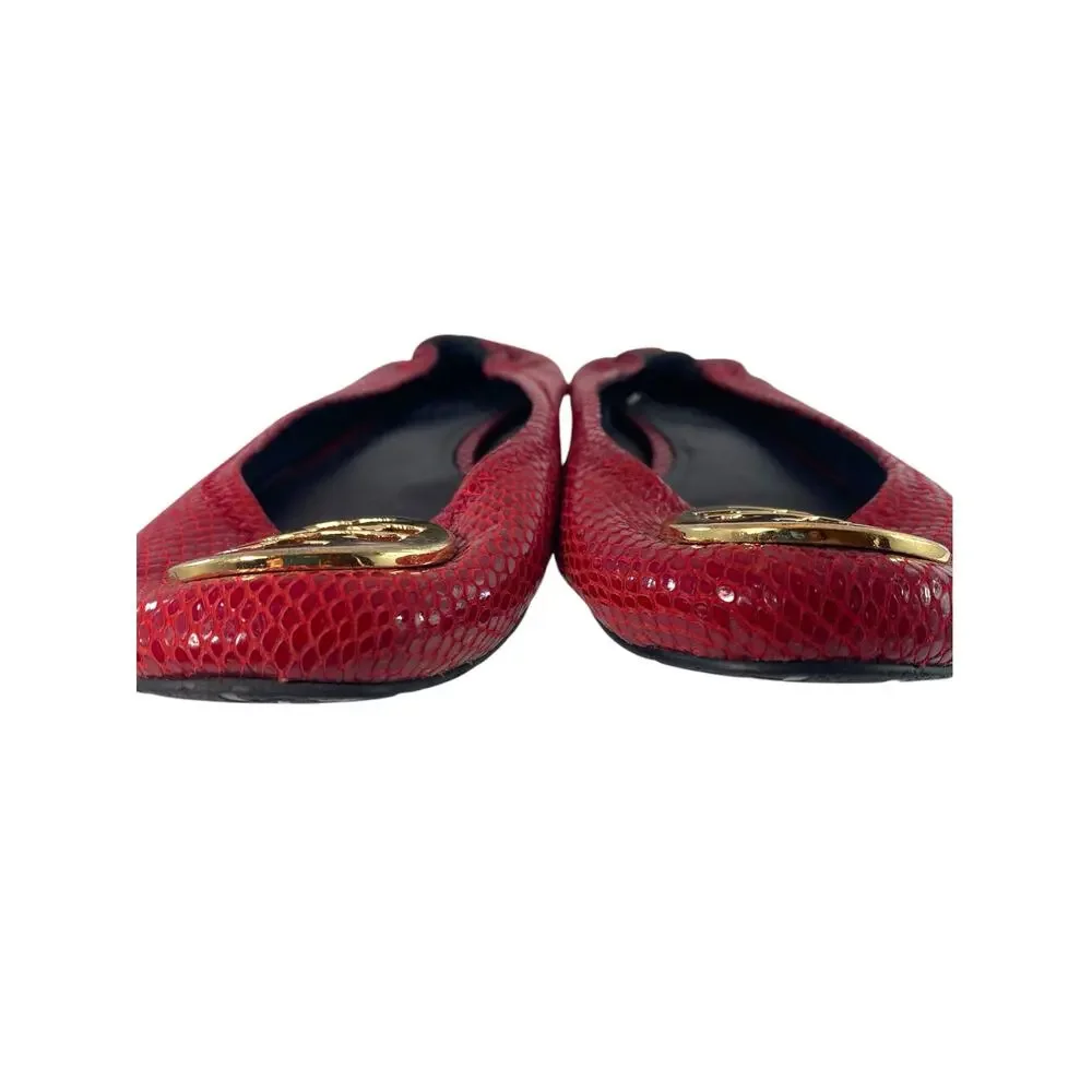 Tory Burch Red Snakeskin Reva Ballet Flats Gold Logo Medallion Elastic Size 10M